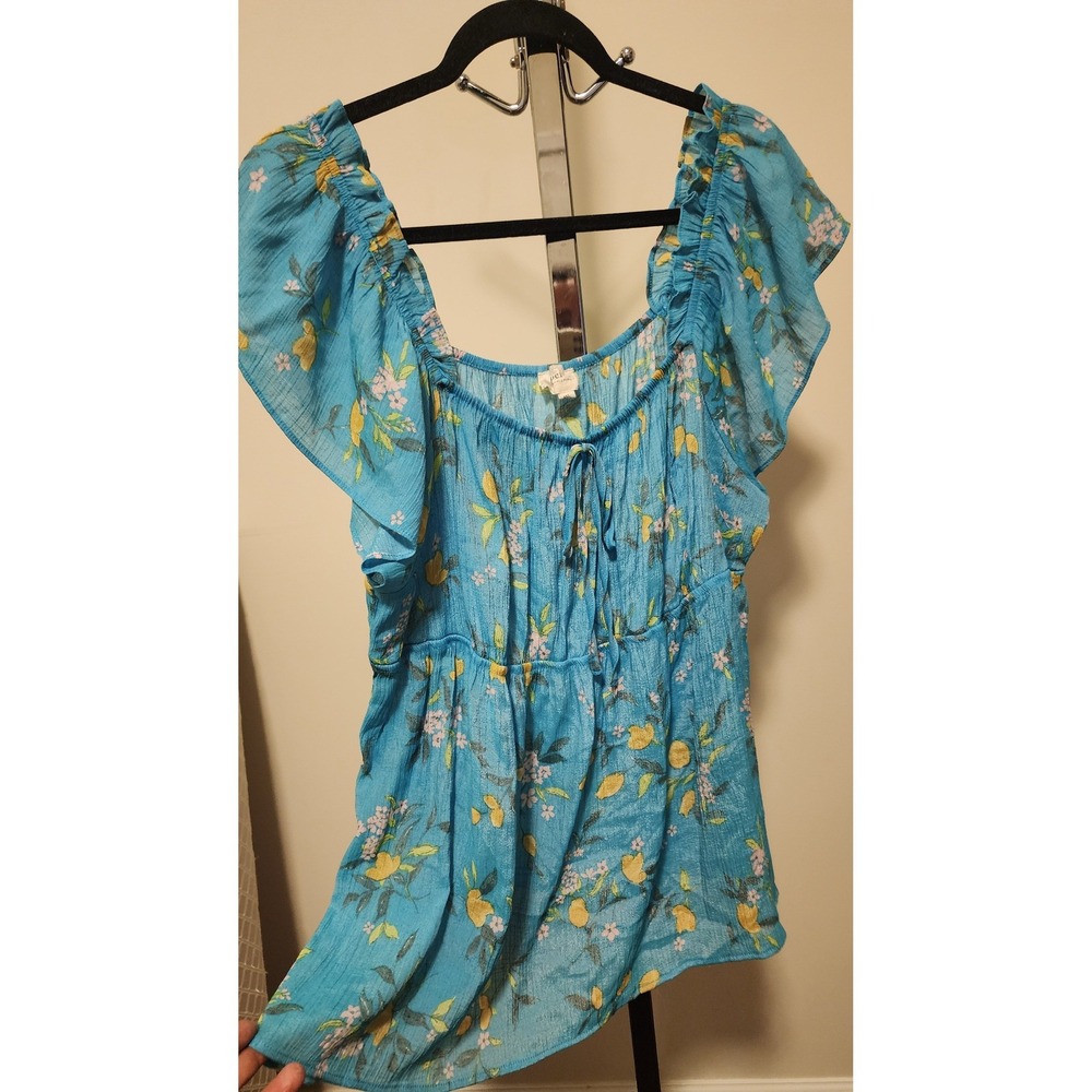 Perch by Blu Pepper Blue Lemon Floral Babydoll Blouse Off Shoulder Top 3XL - Picture 3 of 7